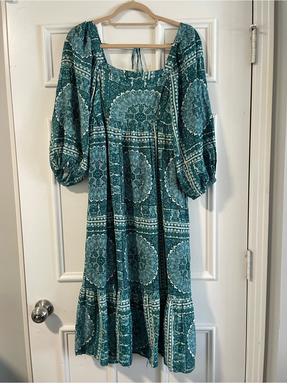 Teal Geometric Print Balloon Sleeve Square Neck Boho Cottagecore Midi Dress